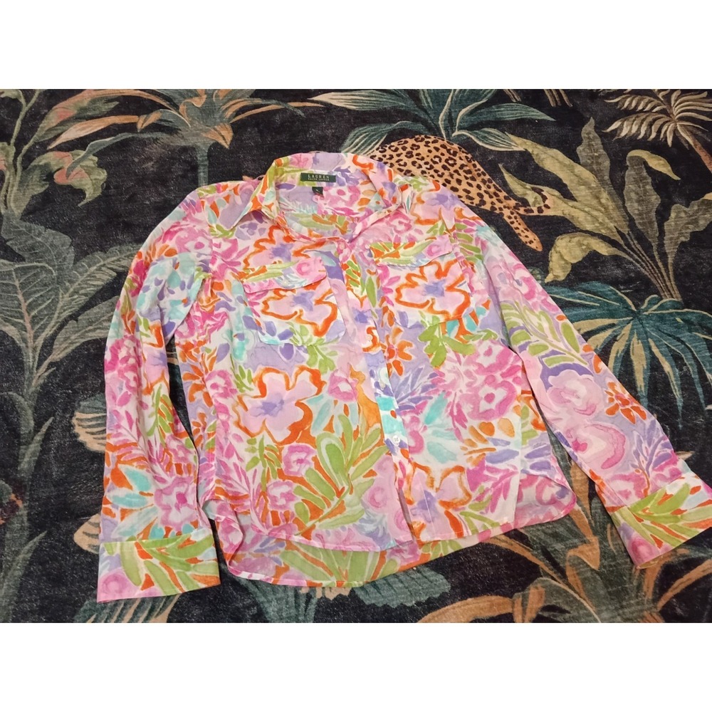 Lauren Ralph Lauren Floral Watercolor Button Up Top Blouse Roll Tab Sleeve M